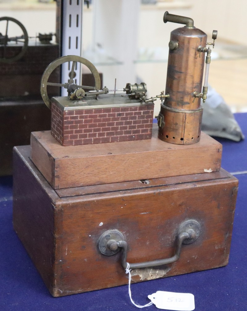 A fine Victorian scratch built model of a static steam engine, box 24cm wide